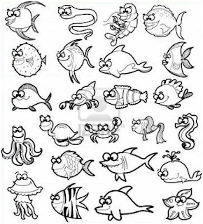 Dibujo de Varios Peces y Animales Marinos para Colorear 