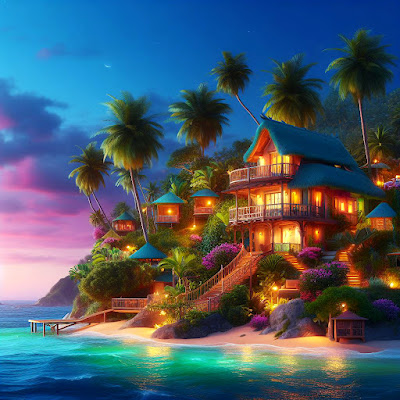 house on beach at sunset