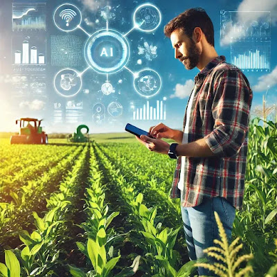 A farmer using AI-powered sensors in a field to monitor crops and optimize agricultural