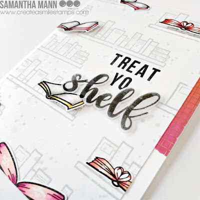 Treat Yo Shelf Card by Samantha Mann for Create a Smile Stamps, Bookshelf, Treat yo self, Card Making, Handmade Cards, Heat embossing, #cardmaking #handmadecards #bookshelf #treatyoself #treatyoshelf