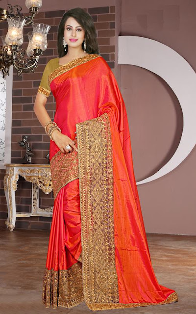 Smiple Orange Silk Tissue Saree with Gold Dupion Silk Blouse