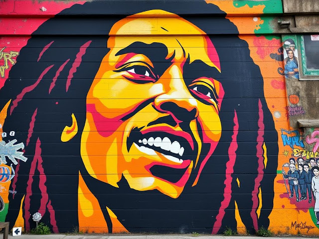 "A mural of Bob Marley in vibrant Rastafarian colors symbolizing peace, freedom, and resistance."