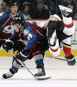 Sakic takes down Jarome Iginla