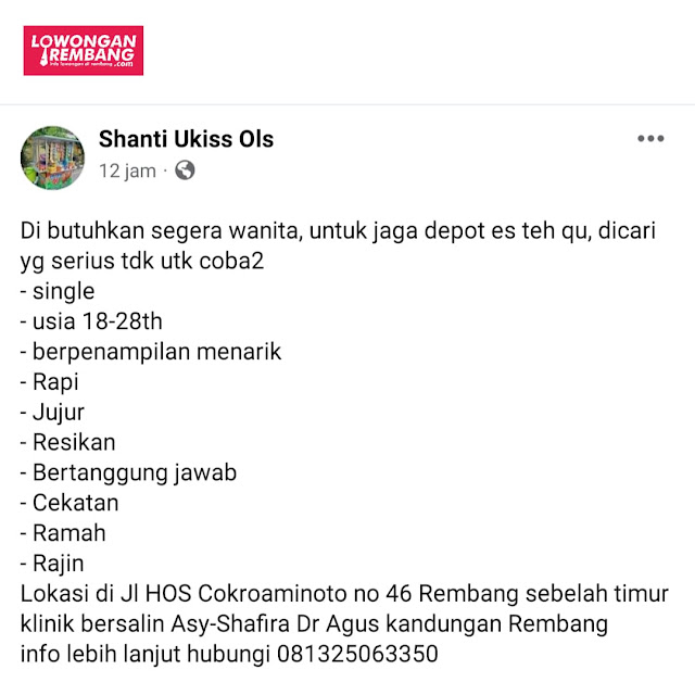 Lowongan Kerja Pegawai Penjaga Depot Es Teh Qu Rembang Tanpa Syarat Pendidikan