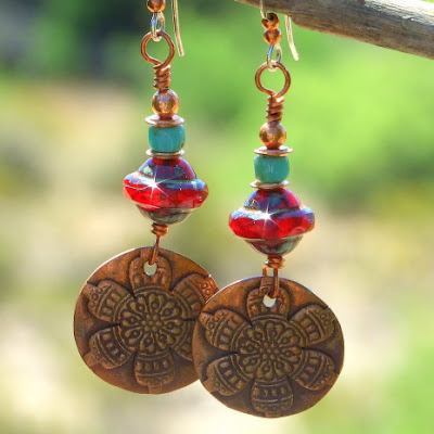flower mandala earrings with red and turquoise