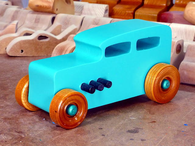 Wood Toy Car, Hot Rod 1932 Sedan, Handmade and Finished with Turquoise, Metalic Green, and Black Acrylic Paint and Amber Shellac