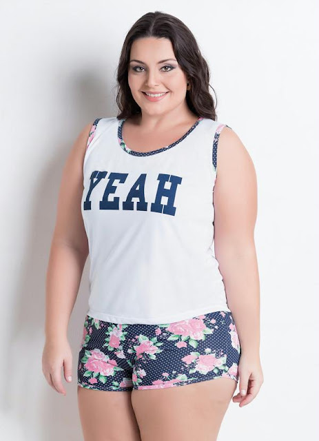 Pijama Curto Branco com Estampa Plus Size