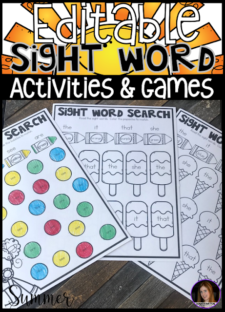 Are you looking for summer themed sight word activities, printables and games that you can change to meet the needs of your kindergarten and/or first grade children? Then, you will love Summer Editable Sight Words Printables, Activities and Games. Type in 20 sight words on one list and they will spread throughout all of the activities.