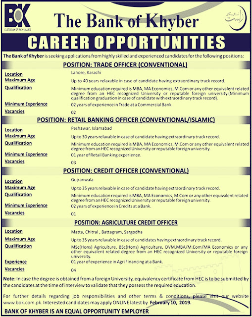 The Bank Of Khyber Latest Jobs 2019 | Online Registration www.bok.com.pk