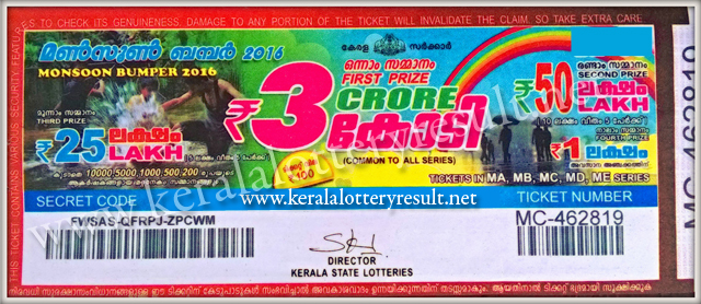 Monsoon Bumper 2016 keralalotteryresult.net