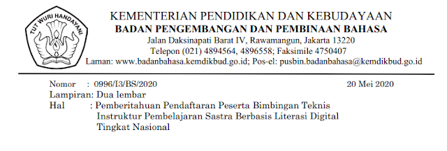   Pendaftaran Bimbingan Teknis (Bimtek) Instruktur Pembelajaran Sastra Berbasis Literasi Digital Tahun 2020 