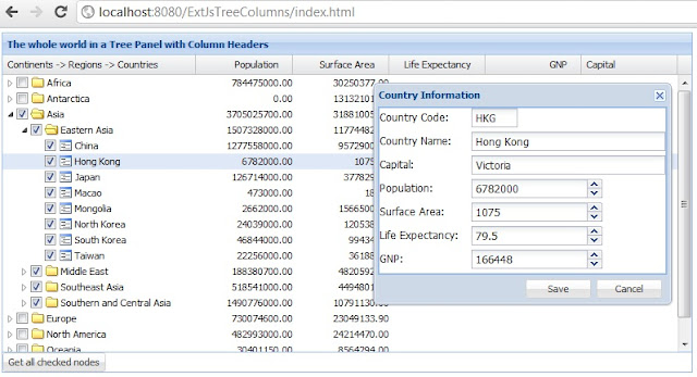 ExtJs 4 Tree Grid with checkboxes and menu options using Java Servlet, JSON and MySQL