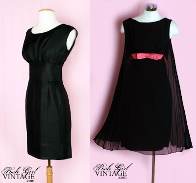 1960's Jacques Heim Little Black Dress; 1960's Black Chiffon Pink Bow Dress