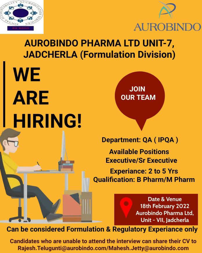 Job Availables,Aurobindo Pharma Job Vacancy For B.Pharm/ M.Pharm