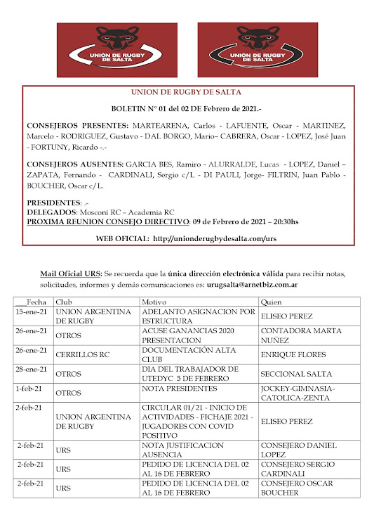 Boletín Oficial de la Unión de Rugby de Salta.