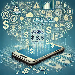 Abstract image of a smartphone with icons representing money, data packages, and subscriptions being deducted.
