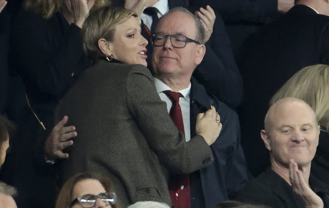 Princess Charlene wore a new Max Mara coat. She wore a gold earrings and a ring by Repossi Antifer