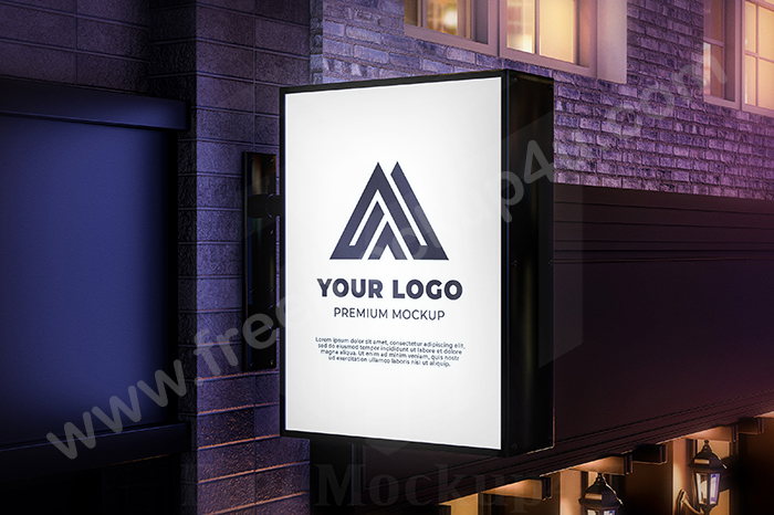 Shop Sign Mockup Hanging Vertical Wall Realistic Night Light
