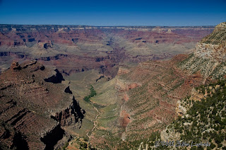 Click for Larger Image of the Bright Angel Trail, Indian Gardens (water stop and hiker campground, where the dark green trees are), and Plateau Point