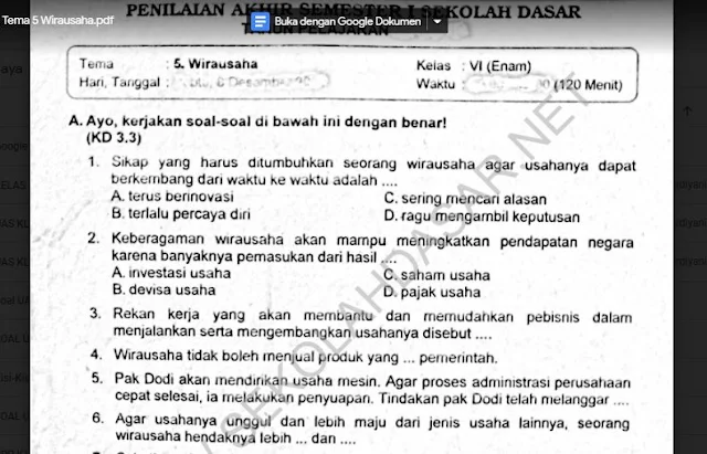 Soal Ulangan K-13 Kelas 6 Semester 1 Tema 5 Wirausaha