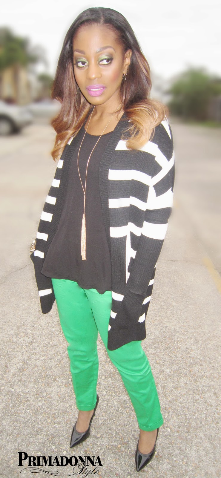 Catherine Malandrino for DesigNation Over-sized Striped Sweater H&M Oversized Black Top Worthington Wide Waistband Slim Pants in Total Green Rock & Republic Patent Heels Capsule by Cara Gold Tassel Necklace