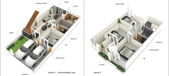  Desain  dan Denah Rumah Bertingkat Ukuran 7 x 15 M Lengkap dengan Mushola dan Perpustakaan 