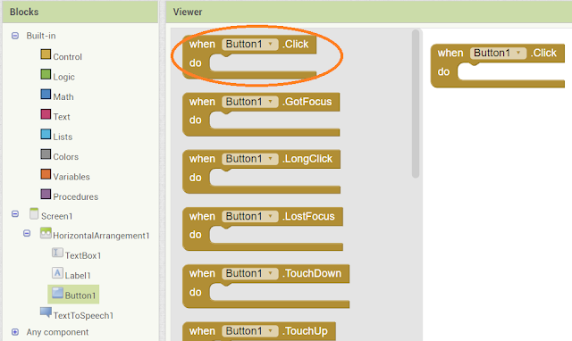 The Blocks Editor is where you program the behaviour of your app. There are Built-in blocks that handle things like math, logic, and text with each components you have added.