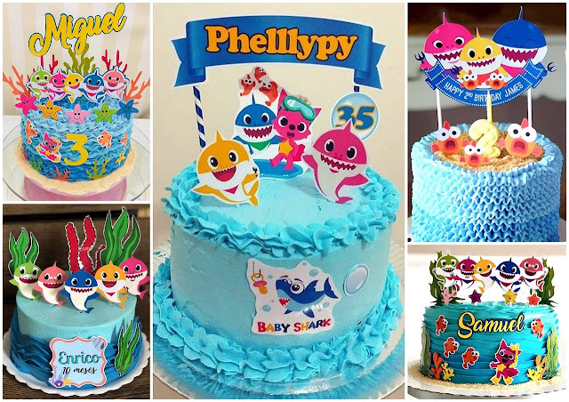 Baby Shark Party with Number 4: Free Printable Cake Toppers.