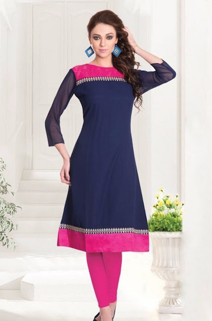 Navy Blue & Pink Georgette Casual Kurti