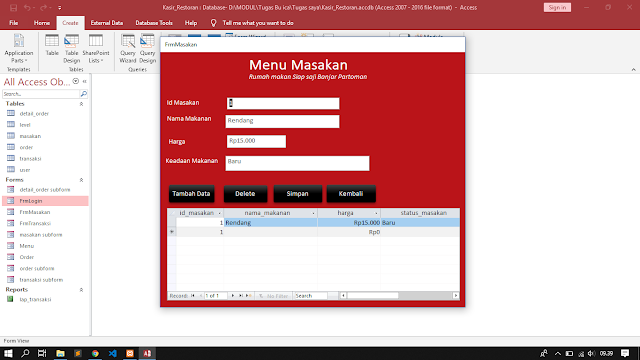 Halaman Menu Utama kasir Restoran acces 2016,2016,2019