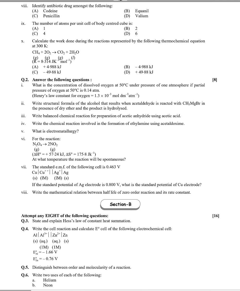 Board Chemistry Question Paper