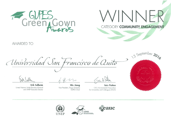 La USFQ fue la ganadora del GUPES Green Gown Award en Latinoamérica y el Caribe