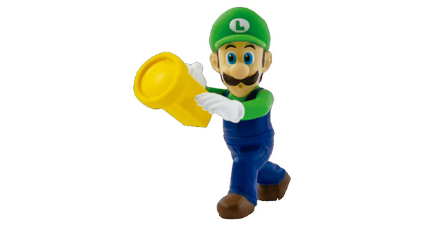 Brinquedo de Luigi com uma cara assustada e segurando uma moeda