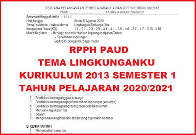 RPPH PAUD Tema Lingkunganku Kurikulum 2013 Semester 1 Tahun Pelajaran 2020/2021