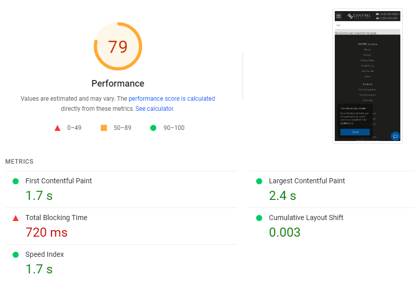 Screenshot showing PageSpeed Insights performance score needs improvement