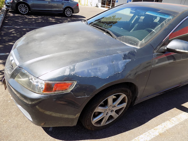 Peeling paint on Acura TSX before paint job at Almost Everything Auto Body.