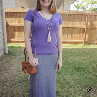 awayfromblue Instagram | summer lilac tee striped maxi skirt and camera bag outfit for church shopping