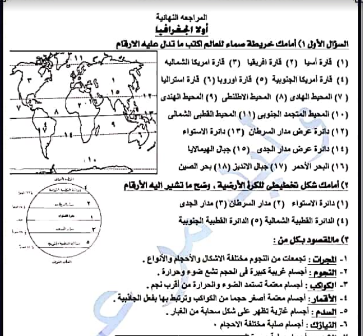 فى 8 ورقات مراجعة نهائية باجاباتها دراسات الصف الاول الاعدادى لن يخرج عنها الامتحان | موقع يلا نذاكر رياضة