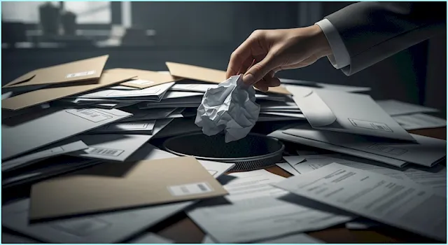 수많은 서류 더미 속에 구겨져 버려지는 보도자료와 휴지통에 떨어지는 손이 보이는, 실패한 보도자료의 현실을 보여주는 이미지.