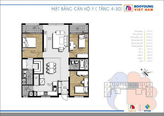 Căn hộ F ( 08 - 09 ) - 107,5m2 tòa CT-07