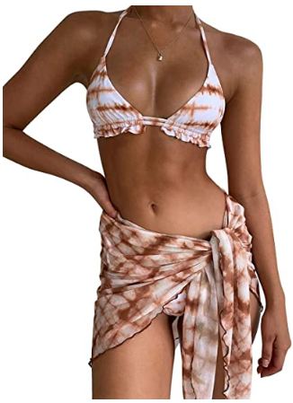 3 Piece Tie Dye Cami Crop Top Bikini Set - Swimsuit Cover Up Skirt Swimwear