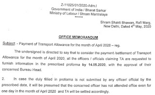 Payment of Transport Allowance for the month of April 2020