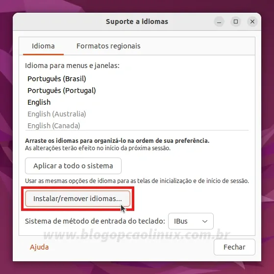 Clique em 'Instalar/remover idiomas...'