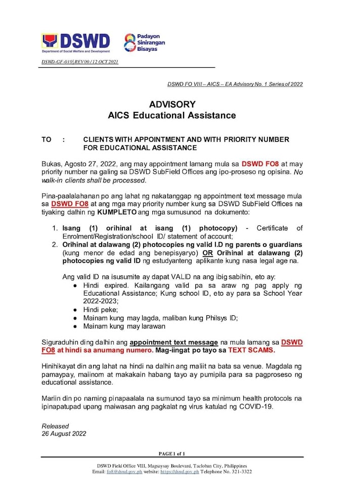 August 26 | Update on DSWD AICS Educational Assistance 