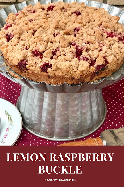 Close-up of the top of the finished lemon raspberry buckle cake.