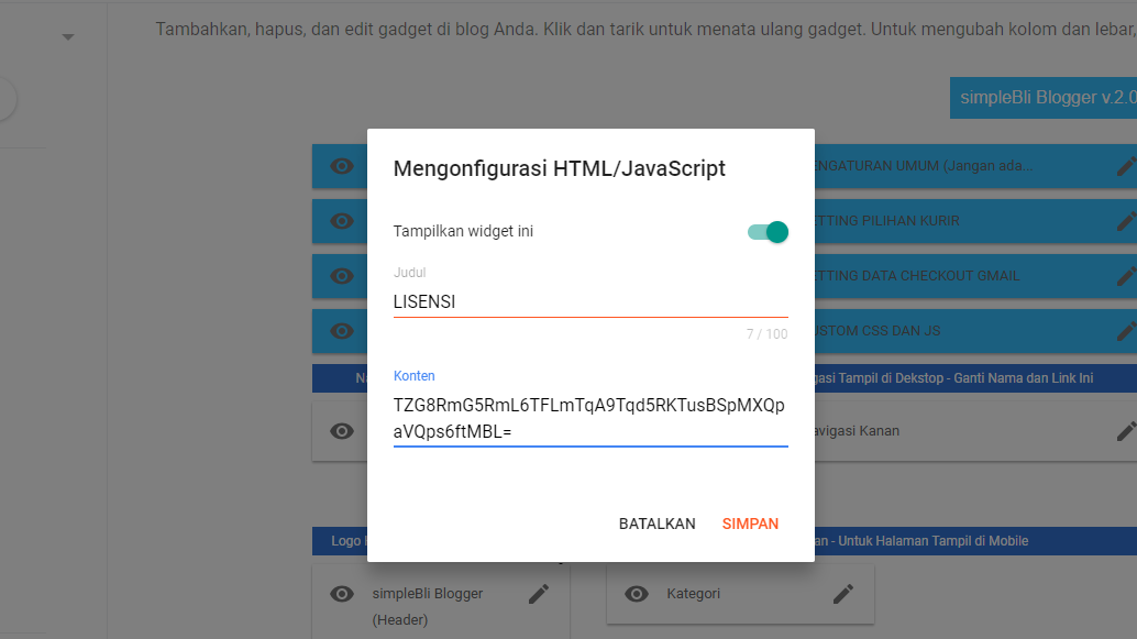 Cara Memasukan Lisensi di Template Simplebli Blogger