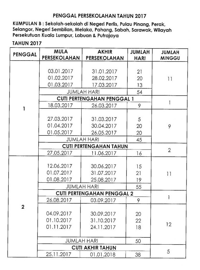 SKPanji: Takwim Persekolahan Bagi Tahun 2017