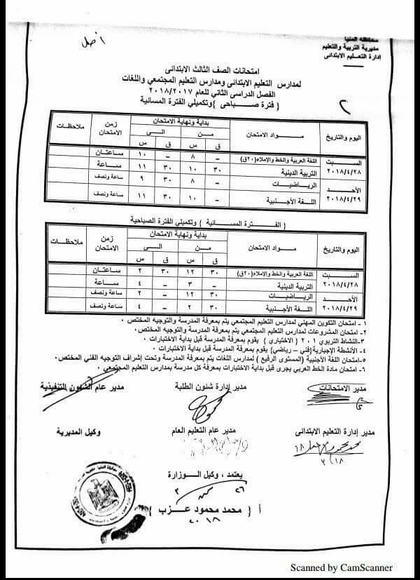 جدول امتحانات محافظة المنيا 2018 الترم الثاني جميع المراحل ابتدائي