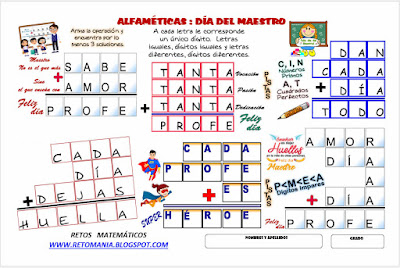 Alfamética, Criptoaritmética, Criptosuma, Día del profesor, Día del maestro, Juego de palabras, Juego de letras, Acertijos matemáticos, Desafíos matemáticos, Problemas matemáticos