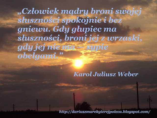 „Człowiek mądry broni swojej słuszności spokojnie i bez gniewu. Gdy głupiec ma słuszności, broni jej z wrzaski, gdy jej nie ma — sypie obelgami.”  Karol Juliusz Weber